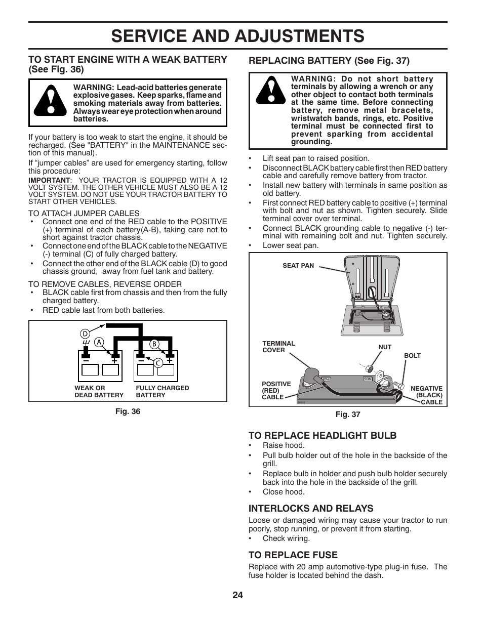 Service and adjustments | Poulan Pro PB195A46LT LAWN TRACTOR User Manual | Page 24 / 60