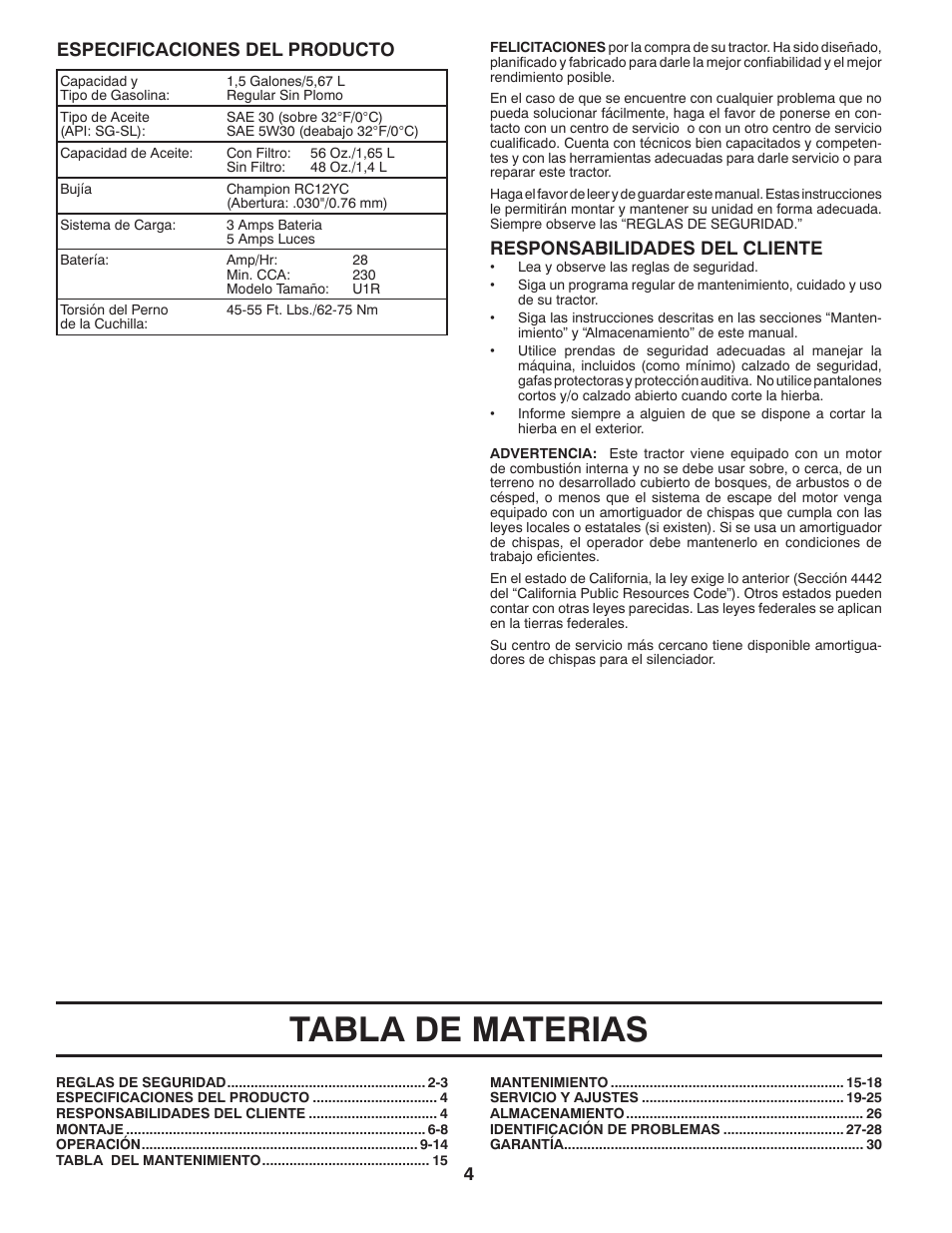 Tabla de materias, Responsabilidades del cliente, Especificaciones del producto | Poulan Pro PB195A46LT LAWN TRACTOR User Manual | Page 34 / 60