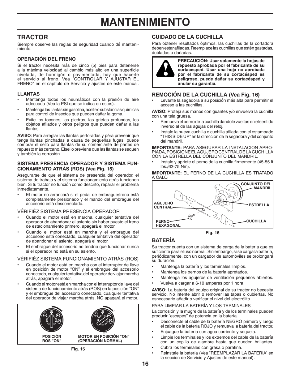 Mantenimiento, Tractor | Poulan Pro PB195A46LT LAWN TRACTOR User Manual | Page 46 / 60