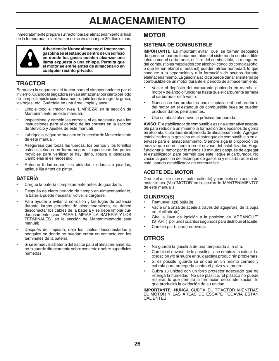 Almacenamiento, Tractor, Motor | Otros | Poulan Pro PB195A46LT LAWN TRACTOR User Manual | Page 56 / 60