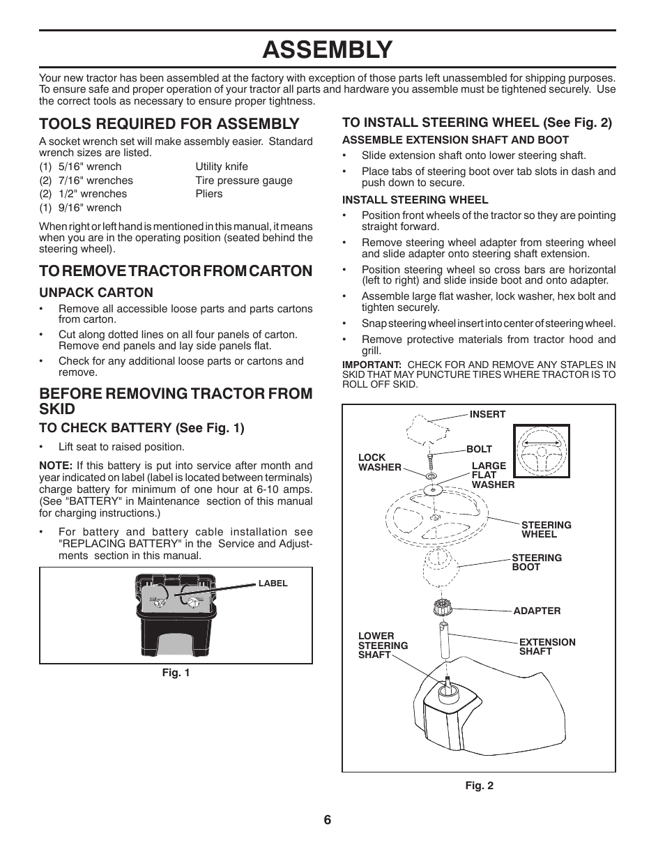 Assembly, Before removing tractor from skid, Tools required for assembly | Poulan Pro PB195A46LT LAWN TRACTOR User Manual | Page 6 / 60