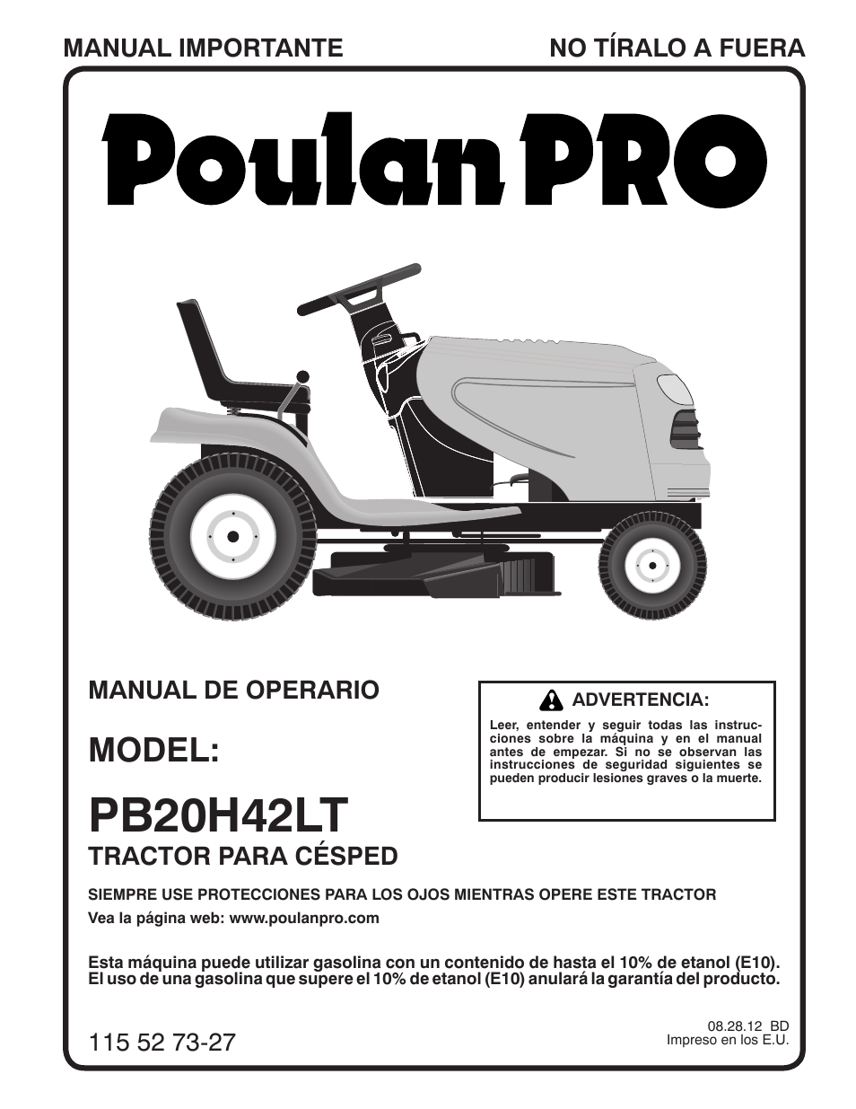 Pb20h42lt, Model, Tractor para césped | Poulan Pro PB20H42LT LAWN TRACTOR User Manual | Page 29 / 56