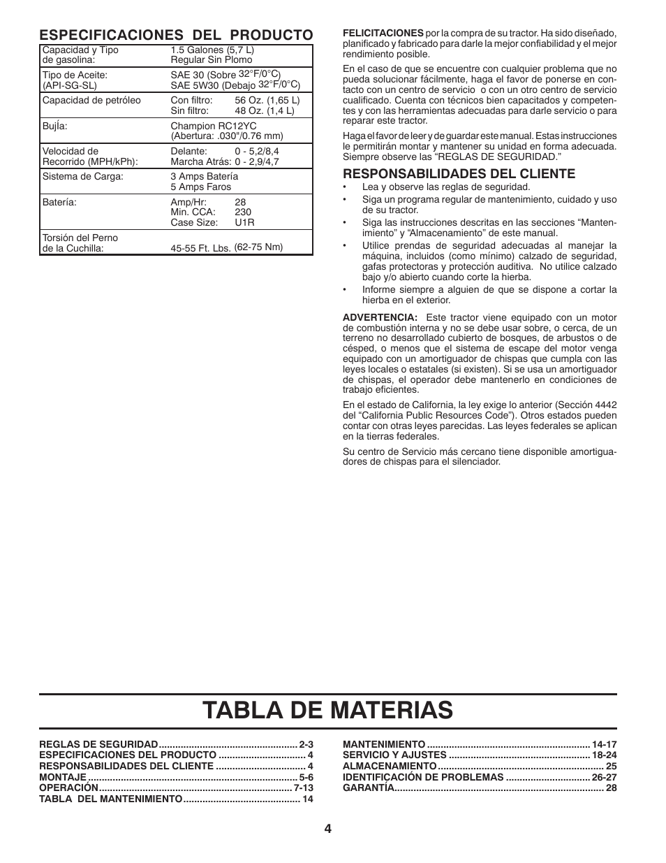 Tabla de materias, Especificaciones del producto, Responsabilidades del cliente | Poulan Pro PB20H42LT LAWN TRACTOR User Manual | Page 32 / 56