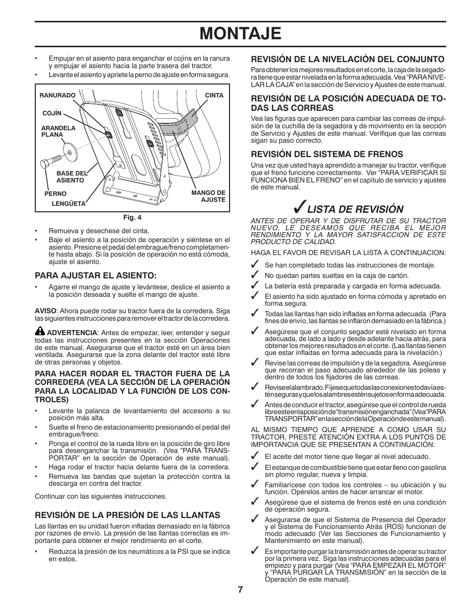 Montaje, Lista de revisión | Poulan Pro PB20H42LT LAWN TRACTOR User Manual | Page 35 / 56