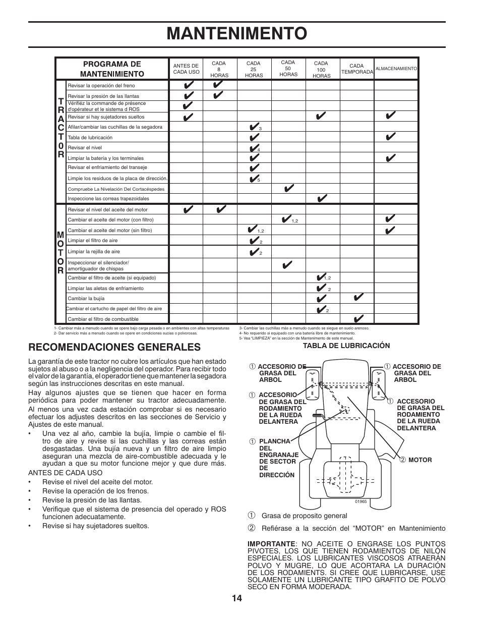 Mantenimento, Recomendaciones generales | Poulan Pro PB20H42LT LAWN TRACTOR User Manual | Page 42 / 56