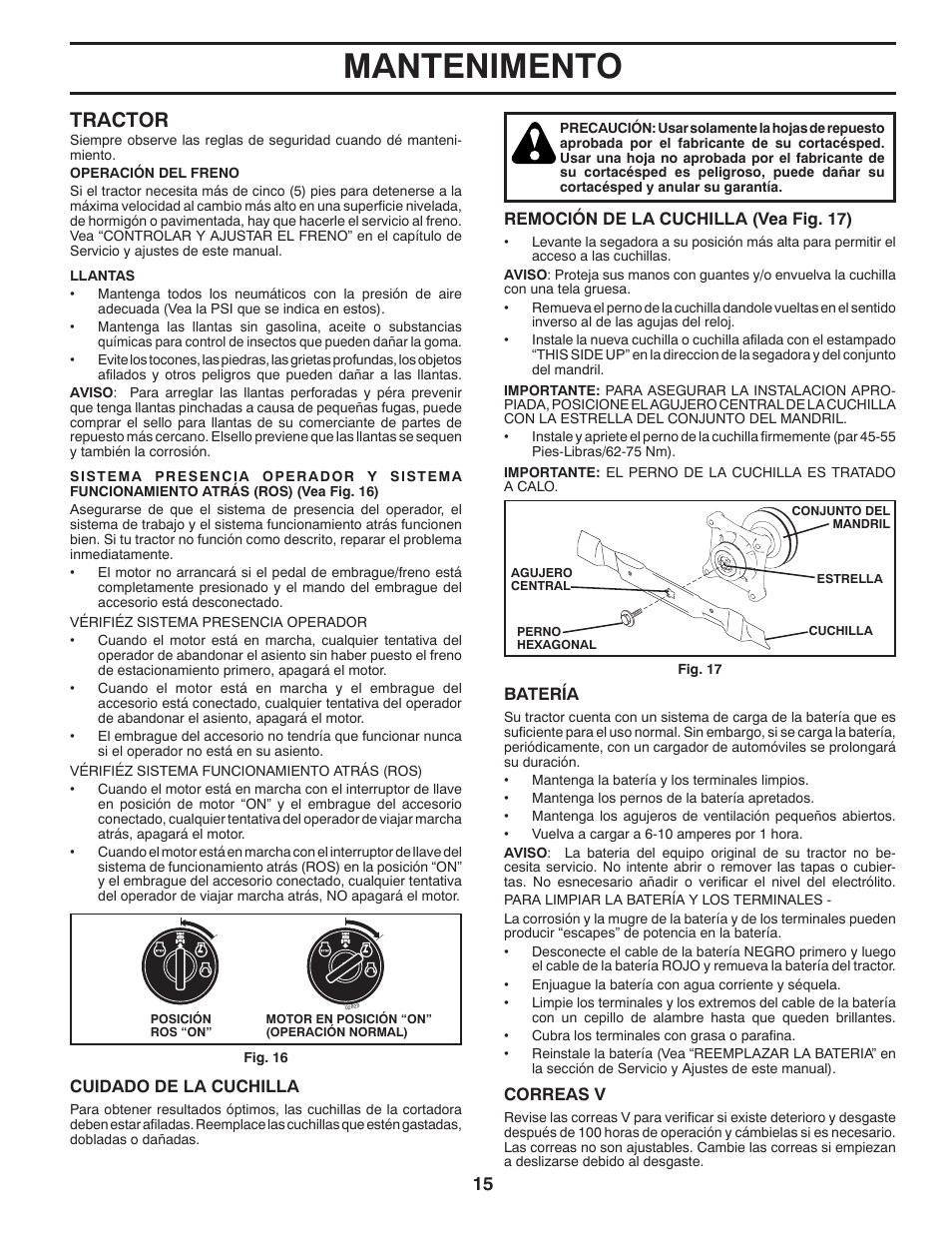 Mantenimento, Tractor | Poulan Pro PB20H42LT LAWN TRACTOR User Manual | Page 43 / 56