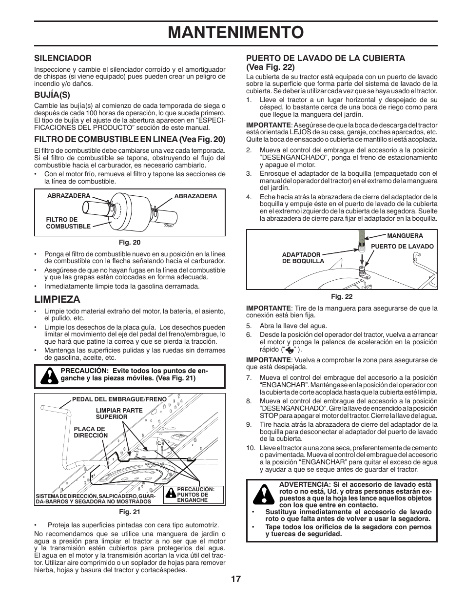 Mantenimento, Limpieza | Poulan Pro PB20H42LT LAWN TRACTOR User Manual | Page 45 / 56