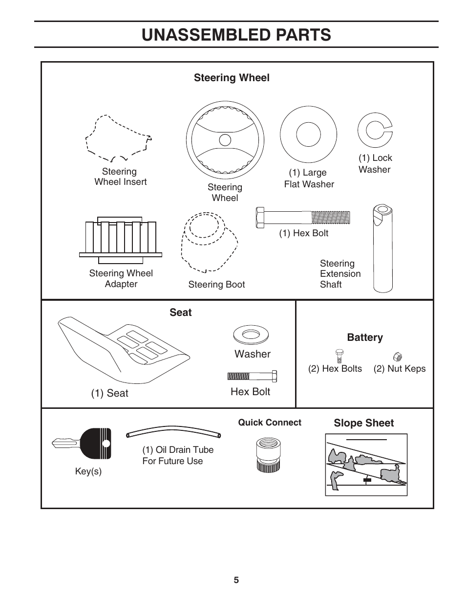 Unassembled parts | Poulan Pro PB20H42LT LAWN TRACTOR User Manual | Page 5 / 56