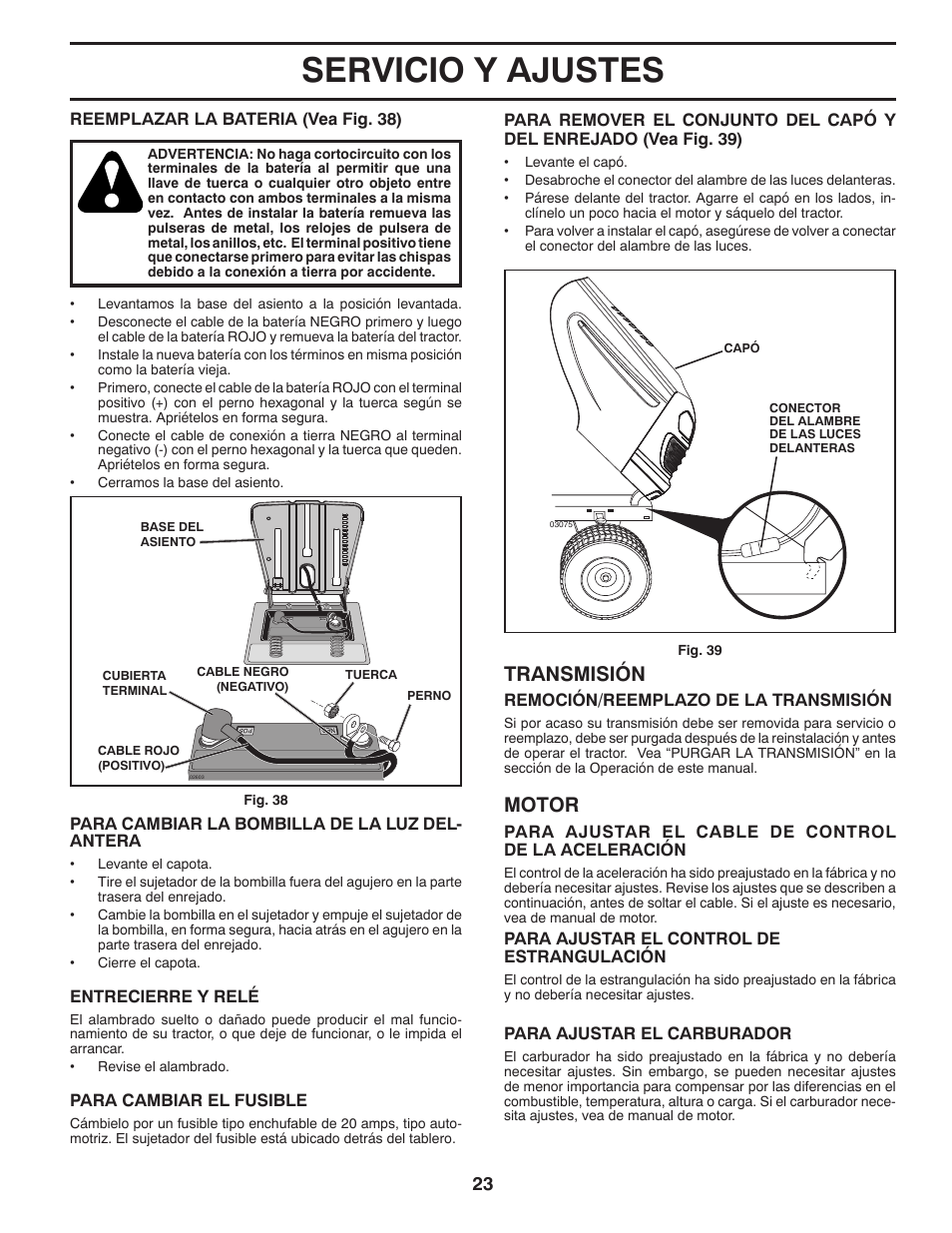 Servicio y ajustes, Transmisión, Motor | Poulan Pro PB20H42LT LAWN TRACTOR User Manual | Page 51 / 56