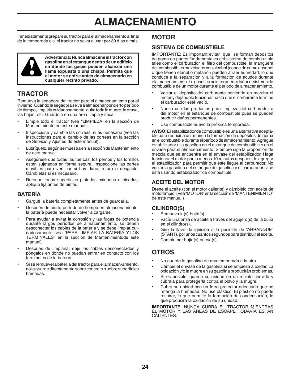 Almacenamiento, Tractor, Motor | Otros | Poulan Pro PB20H42LT LAWN TRACTOR User Manual | Page 52 / 56