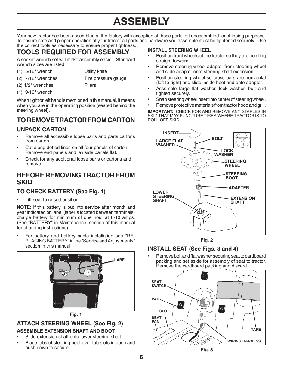 Assembly, Tools required for assembly, Before removing tractor from skid | Poulan Pro PB20H42LT LAWN TRACTOR User Manual | Page 6 / 56