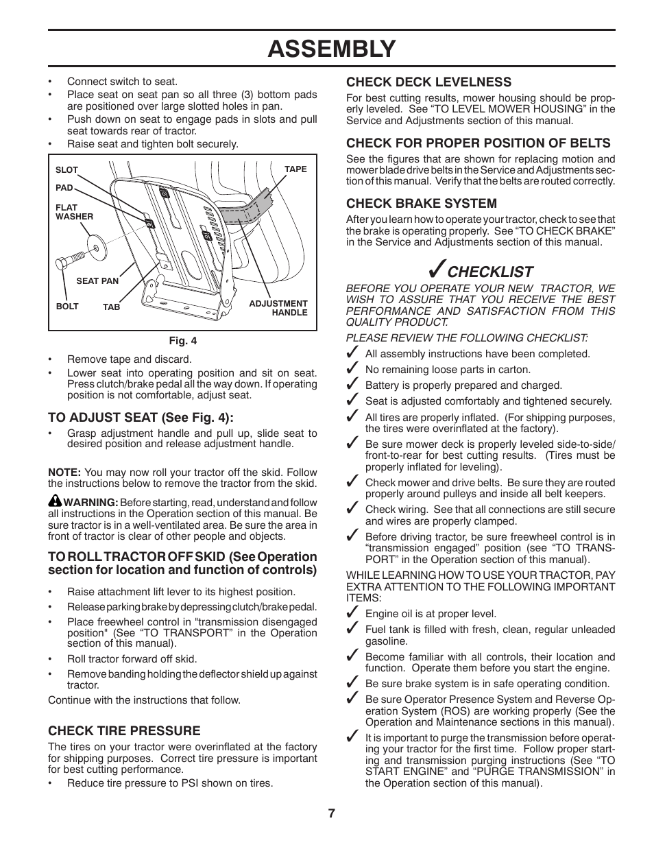 Assembly, Checklist | Poulan Pro PB20H42LT LAWN TRACTOR User Manual | Page 7 / 56