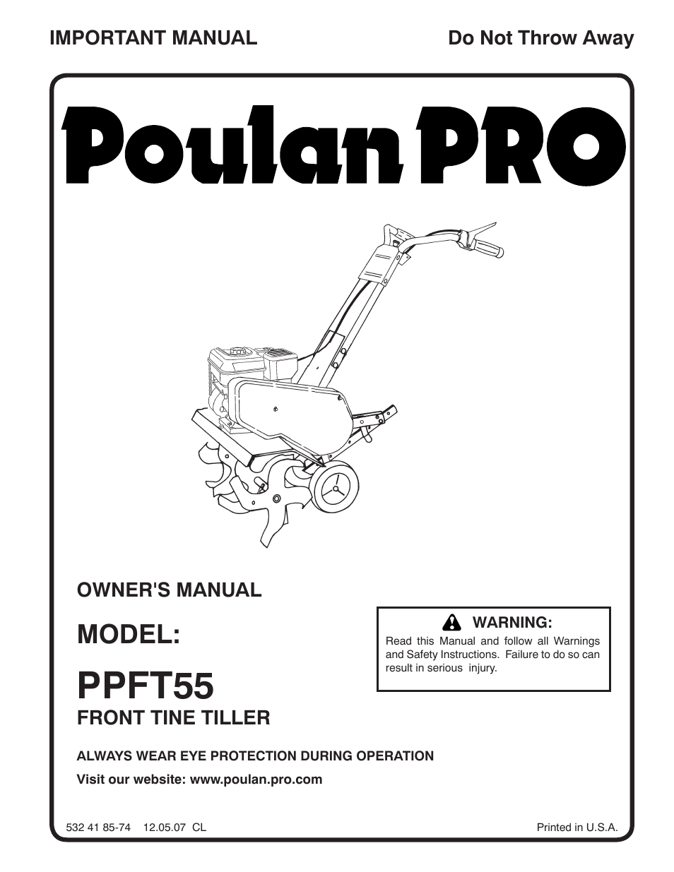 Poulan Pro PPFT55 FRONT TINE TILLER User Manual | 24 pages