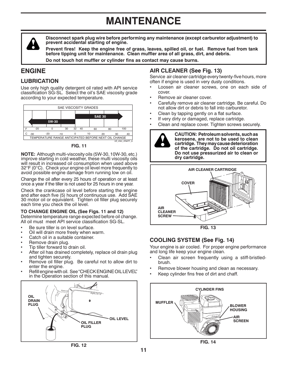 Maintenance, Engine, Lubrication | Air cleaner (see fig. 13), Cooling system (see fig. 14) | Poulan Pro PPFT55 FRONT TINE TILLER User Manual | Page 11 / 24