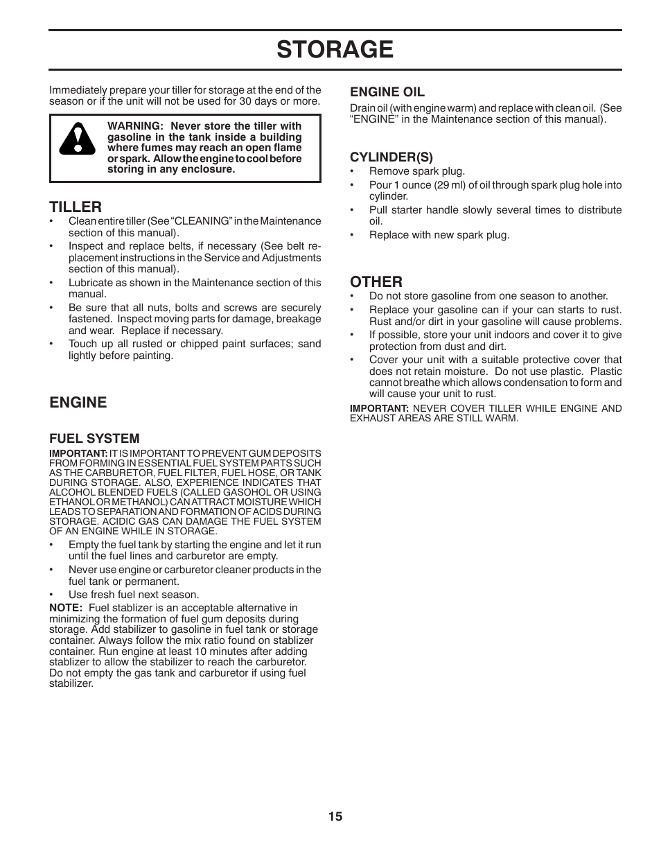 Storage, Other, Tiller | Engine | Poulan Pro PPFT55 FRONT TINE TILLER User Manual | Page 15 / 24