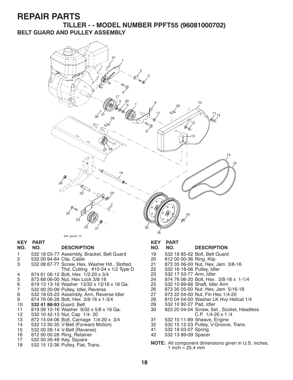 Repair parts, Belt guard and pulley assembly | Poulan Pro PPFT55 FRONT TINE TILLER User Manual | Page 18 / 24