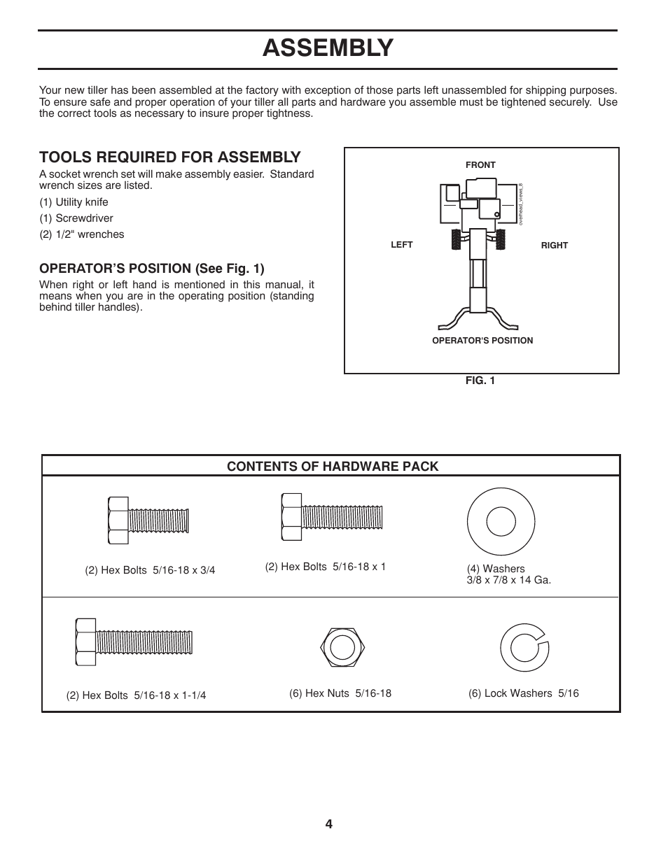 Assembly, Tools required for assembly | Poulan Pro PPFT55 FRONT TINE TILLER User Manual | Page 4 / 24