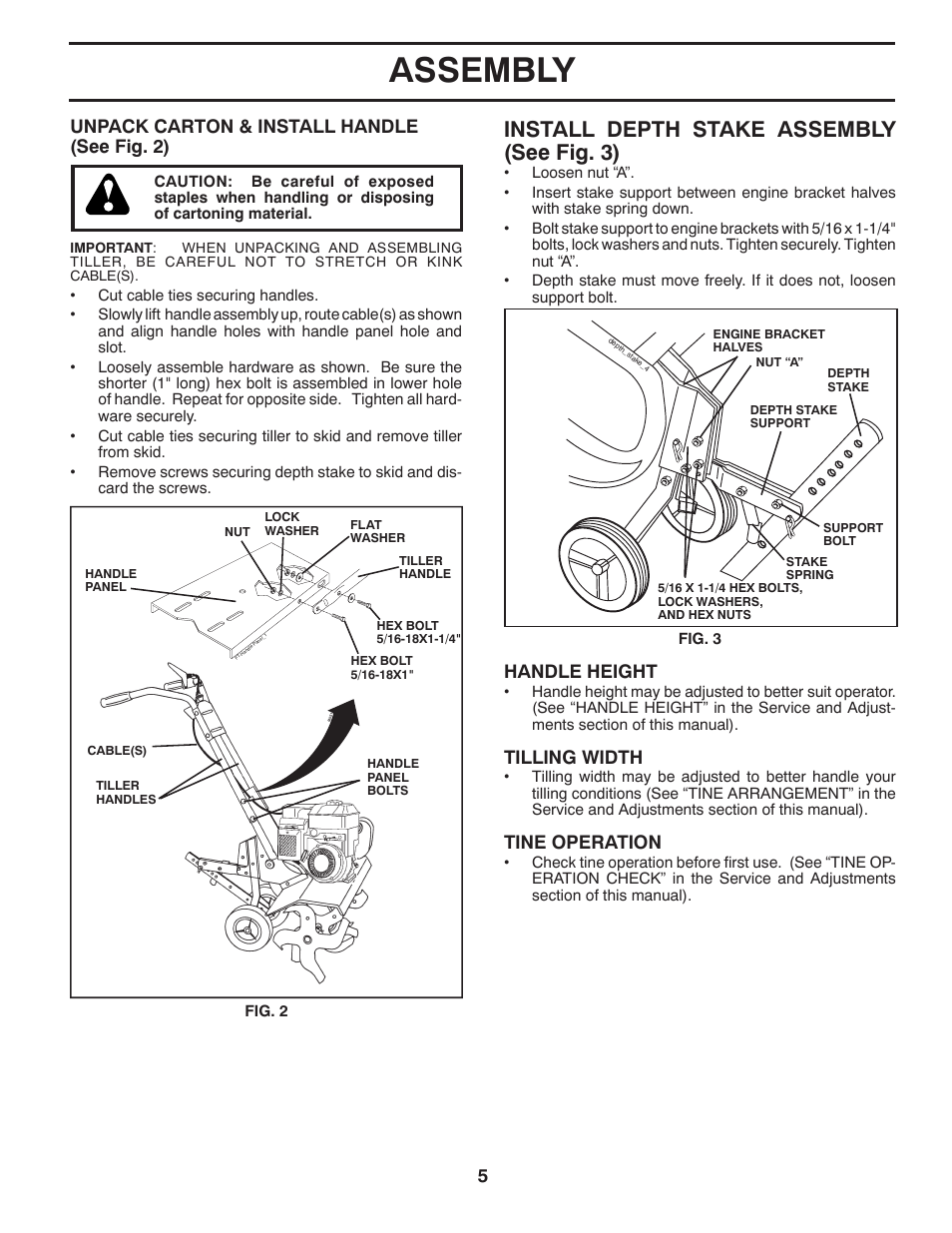 Assembly, Install depth stake as sem bly (see fig. 3), 5unpack carton & install handle (see fig. 2) | Handle height, Tilling width, Tine operation | Poulan Pro PPFT55 FRONT TINE TILLER User Manual | Page 5 / 24