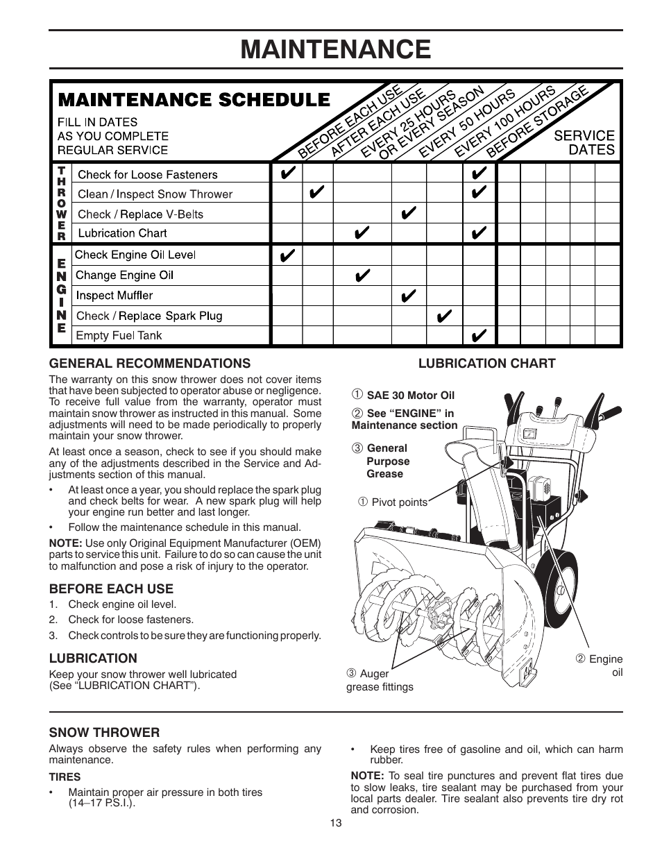 Maintenance | Poulan Pro 96194001004 SNOW THROWER User Manual | Page 13 / 40