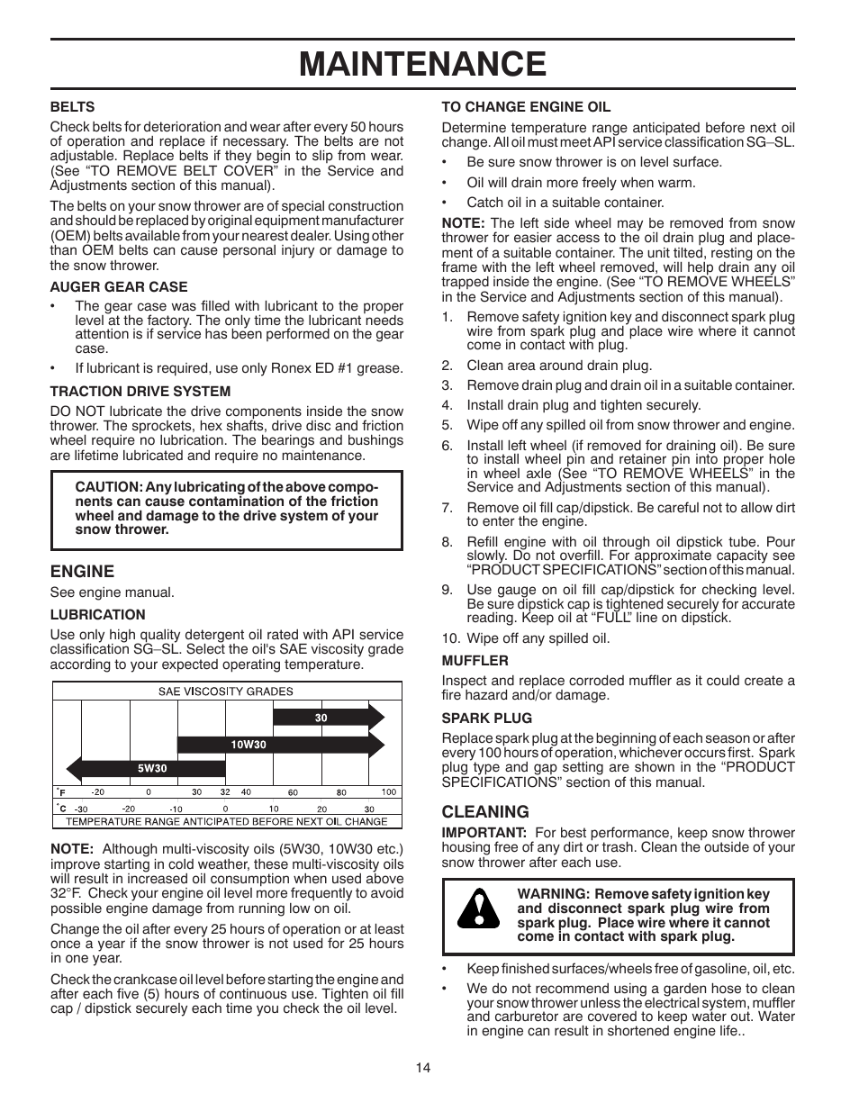 Maintenance | Poulan Pro 96194001004 SNOW THROWER User Manual | Page 14 / 40