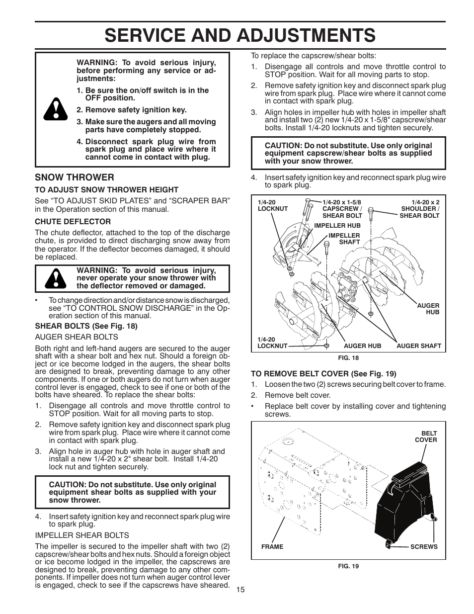 Service and adjustments, Snow thrower | Poulan Pro 96194001004 SNOW THROWER User Manual | Page 15 / 40