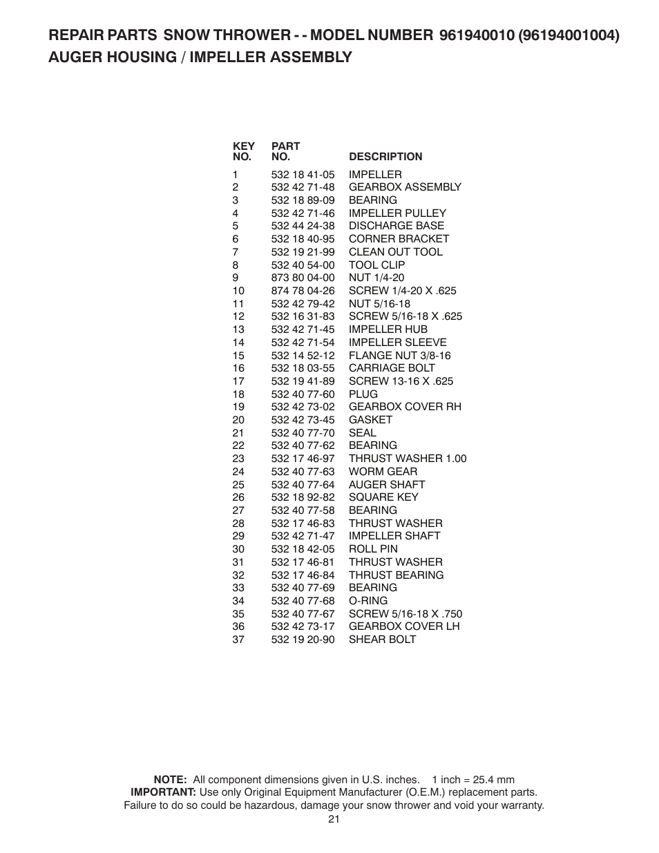 Poulan Pro 96194001004 SNOW THROWER User Manual | Page 21 / 40