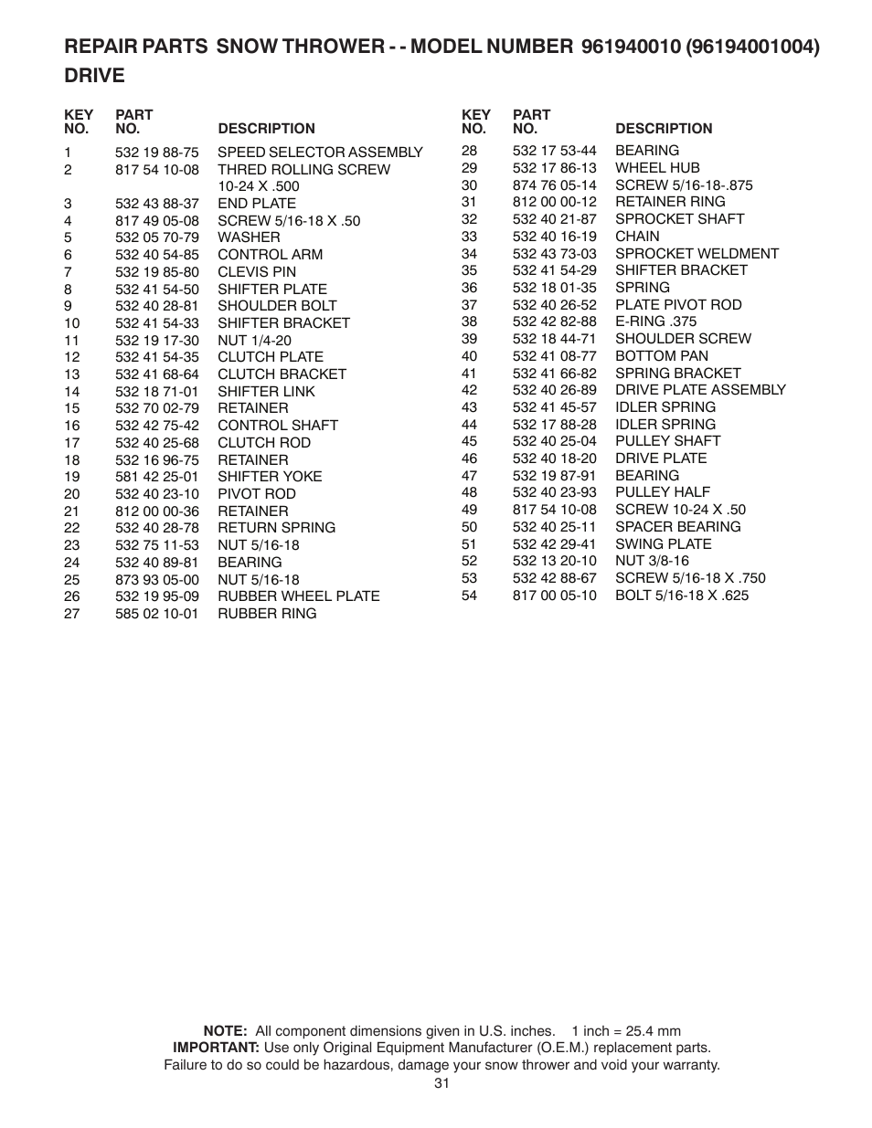 Poulan Pro 96194001004 SNOW THROWER User Manual | Page 31 / 40