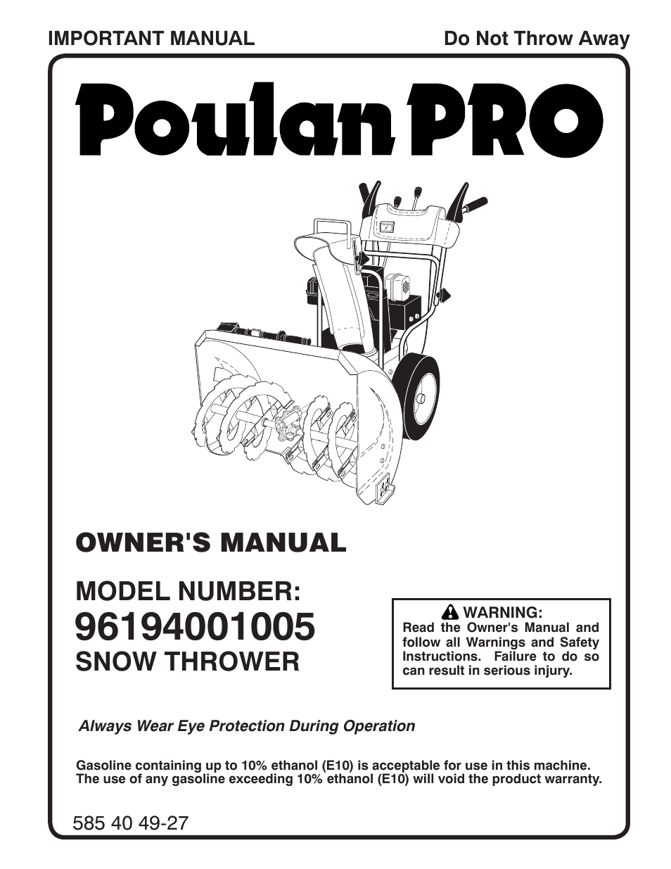 Poulan Pro 96194001005 SNOW THROWER User Manual | 40 pages