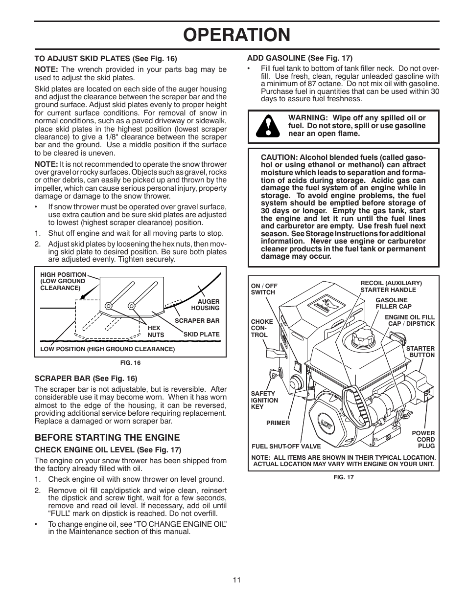 Operation, Before starting the engine | Poulan Pro 96194001005 SNOW THROWER User Manual | Page 11 / 40