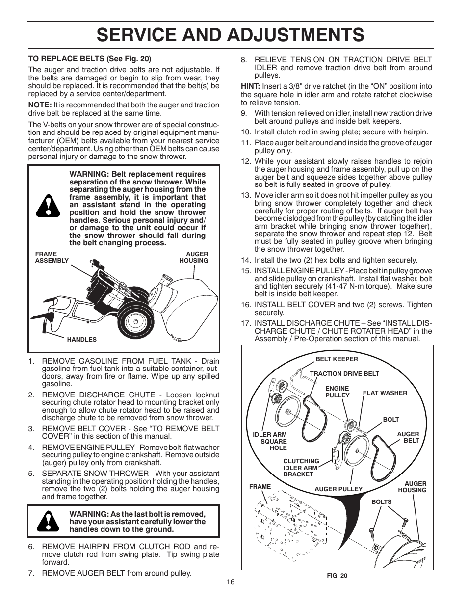 Service and adjustments | Poulan Pro 96194001005 SNOW THROWER User Manual | Page 16 / 40