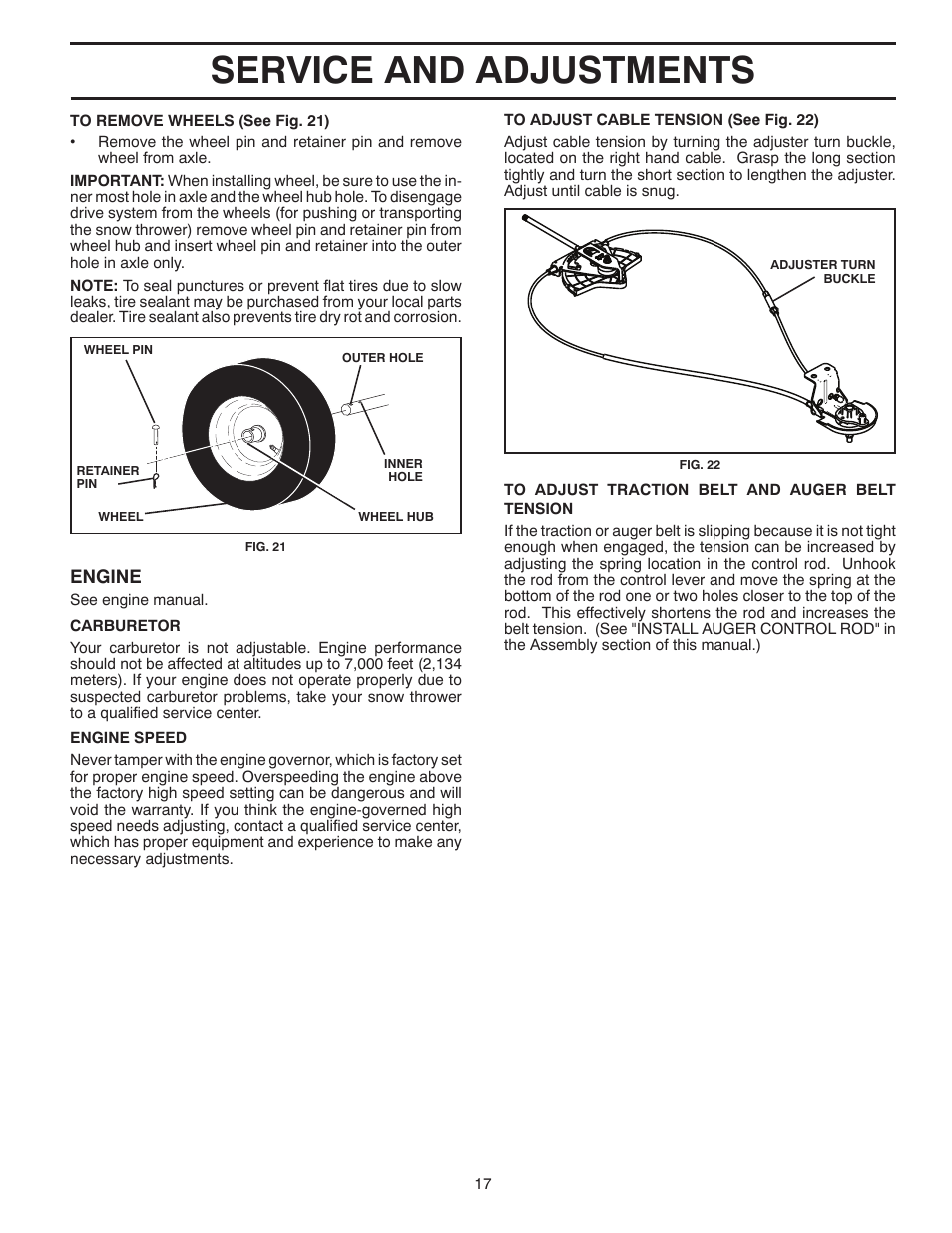 Service and adjustments | Poulan Pro 96194001005 SNOW THROWER User Manual | Page 17 / 40