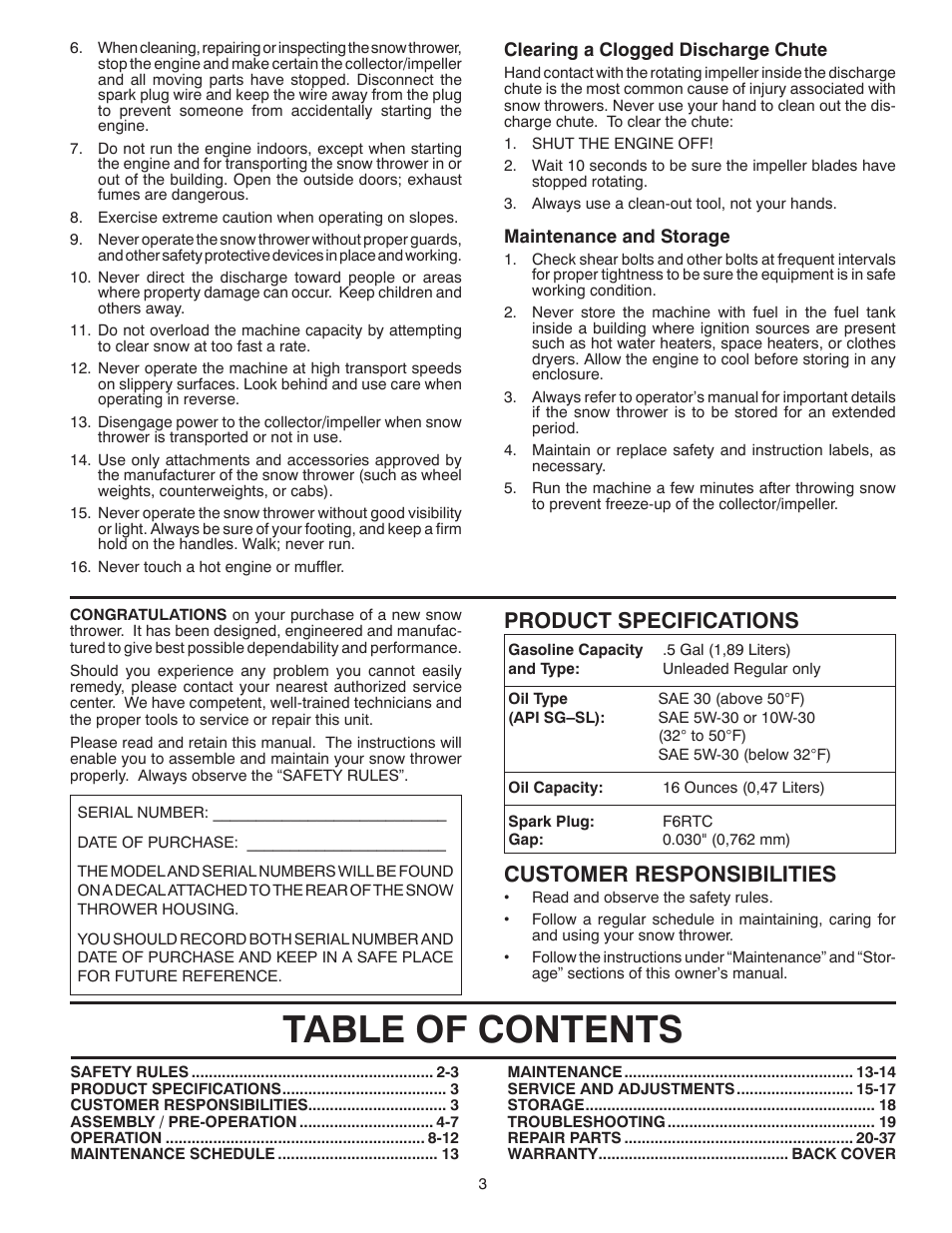 Poulan Pro 96194001005 SNOW THROWER User Manual | Page 3 / 40