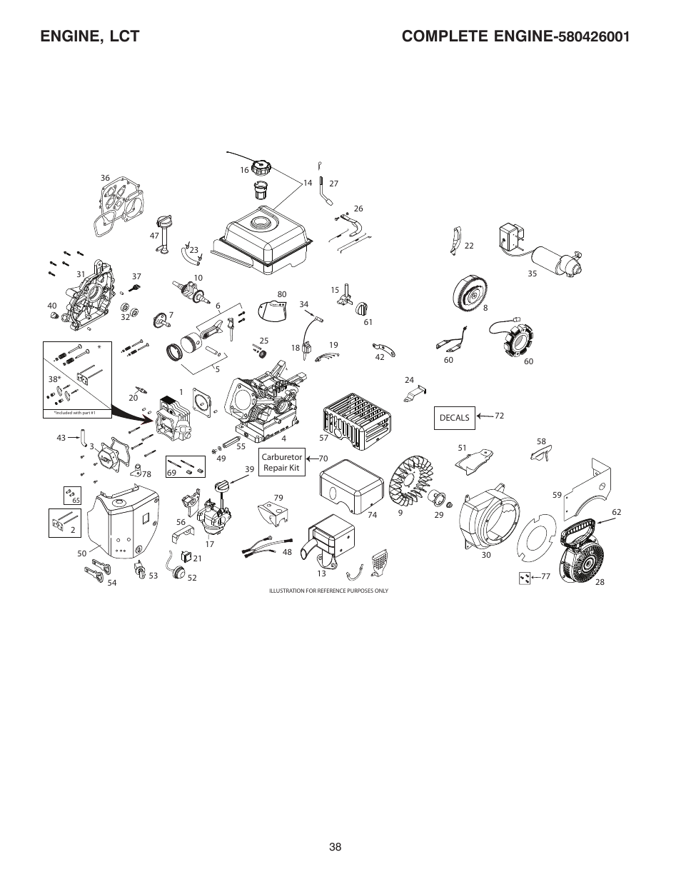 Engine, lct complete engine | Poulan Pro 96194001005 SNOW THROWER User Manual | Page 38 / 40