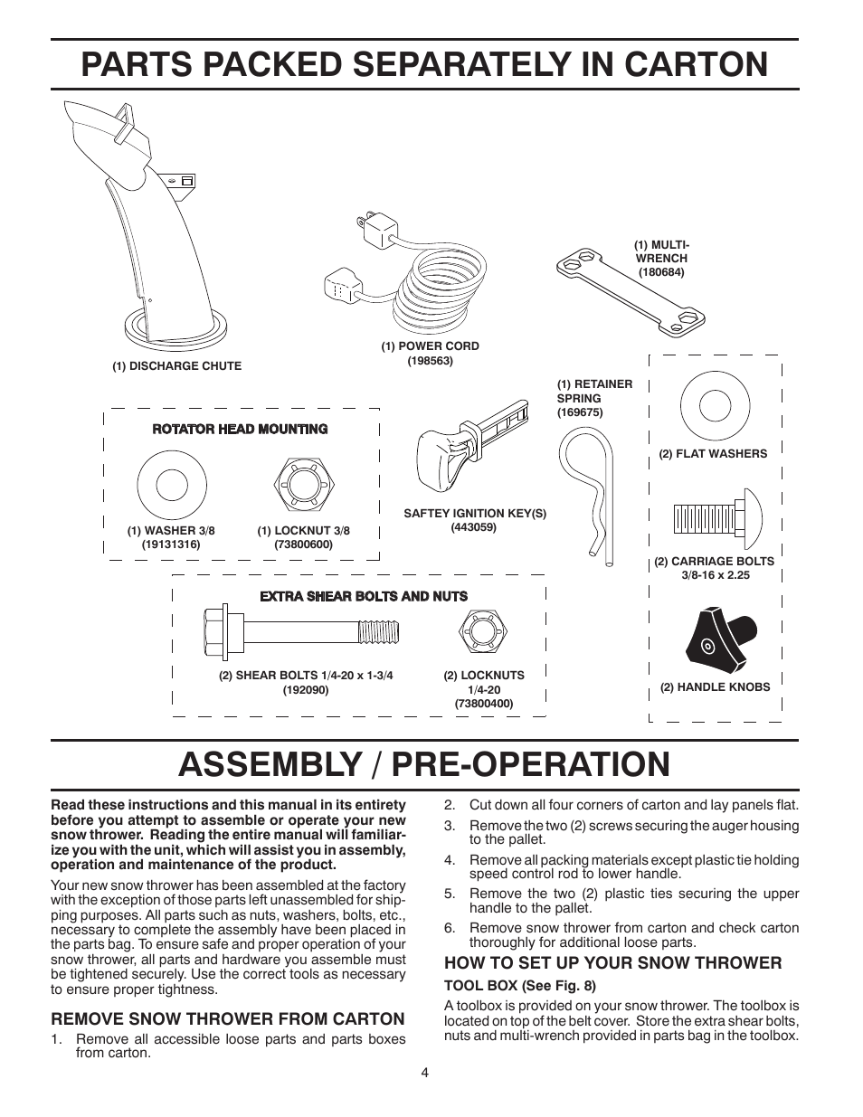 Parts packed separately in carton, Assembly / pre-operation | Poulan Pro 96194001005 SNOW THROWER User Manual | Page 4 / 40