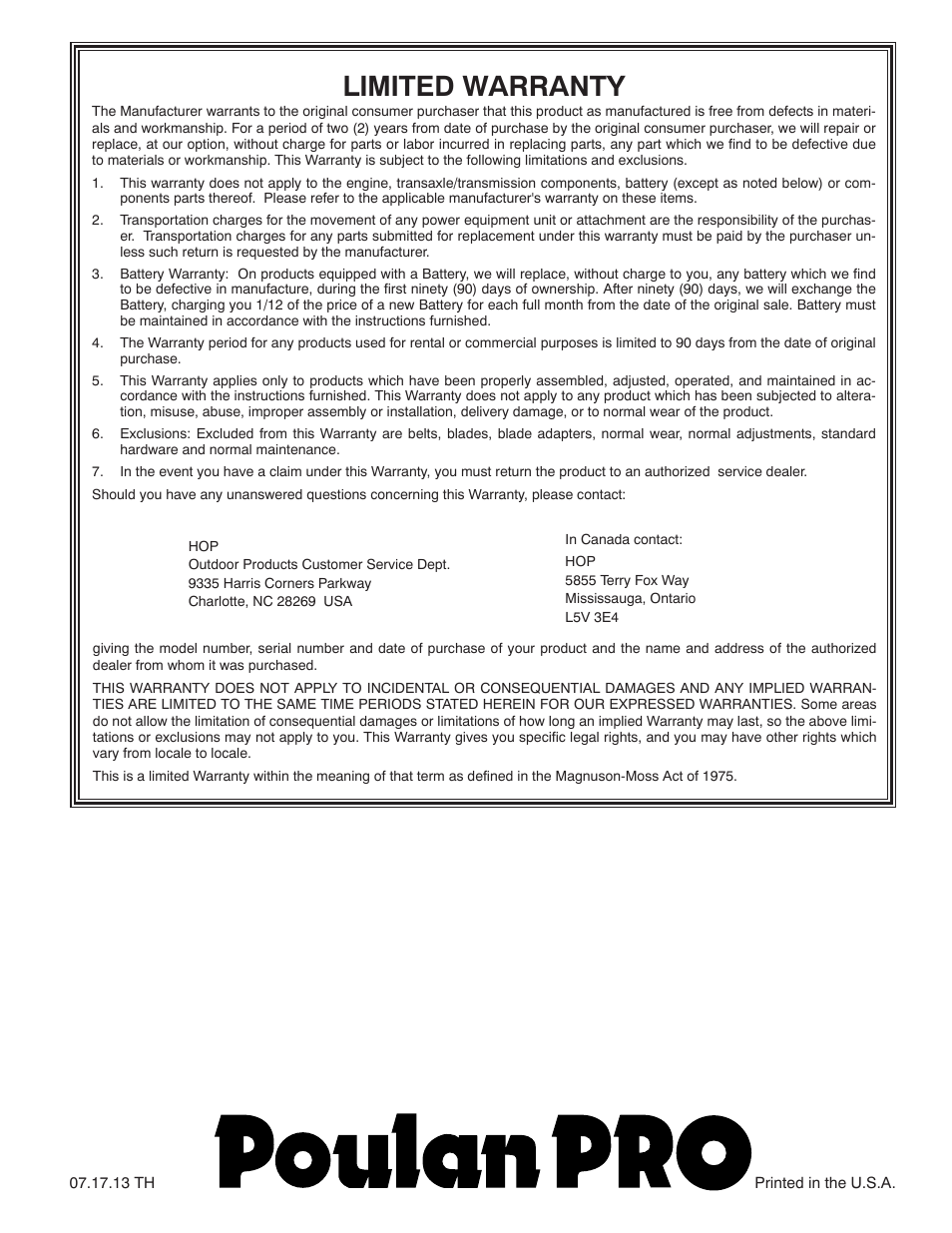 Limited warranty | Poulan Pro 96194001005 SNOW THROWER User Manual | Page 40 / 40