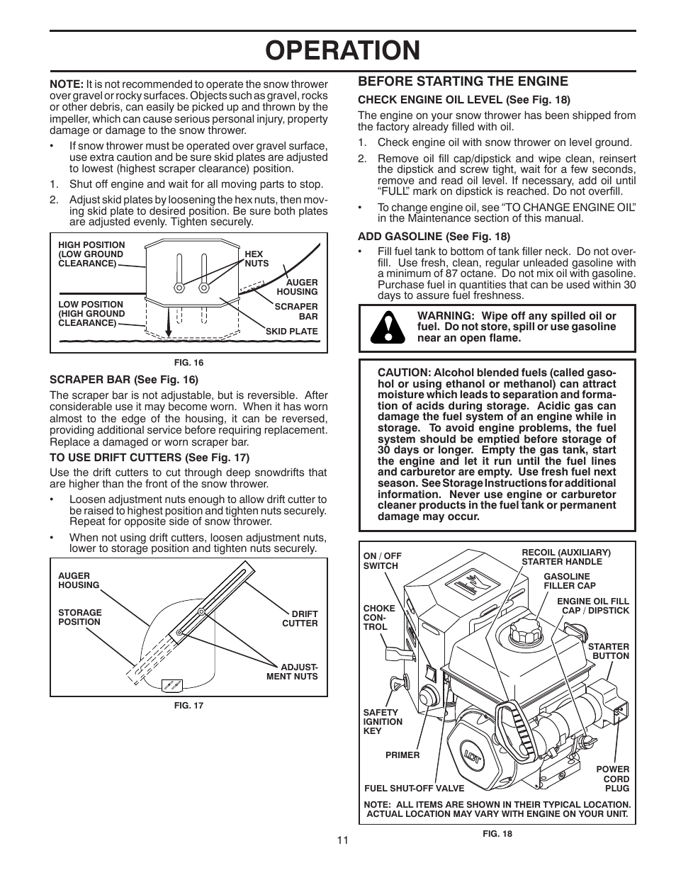 Operation, Before starting the engine | Poulan Pro 961980056 SNOW THROWER User Manual | Page 11 / 44