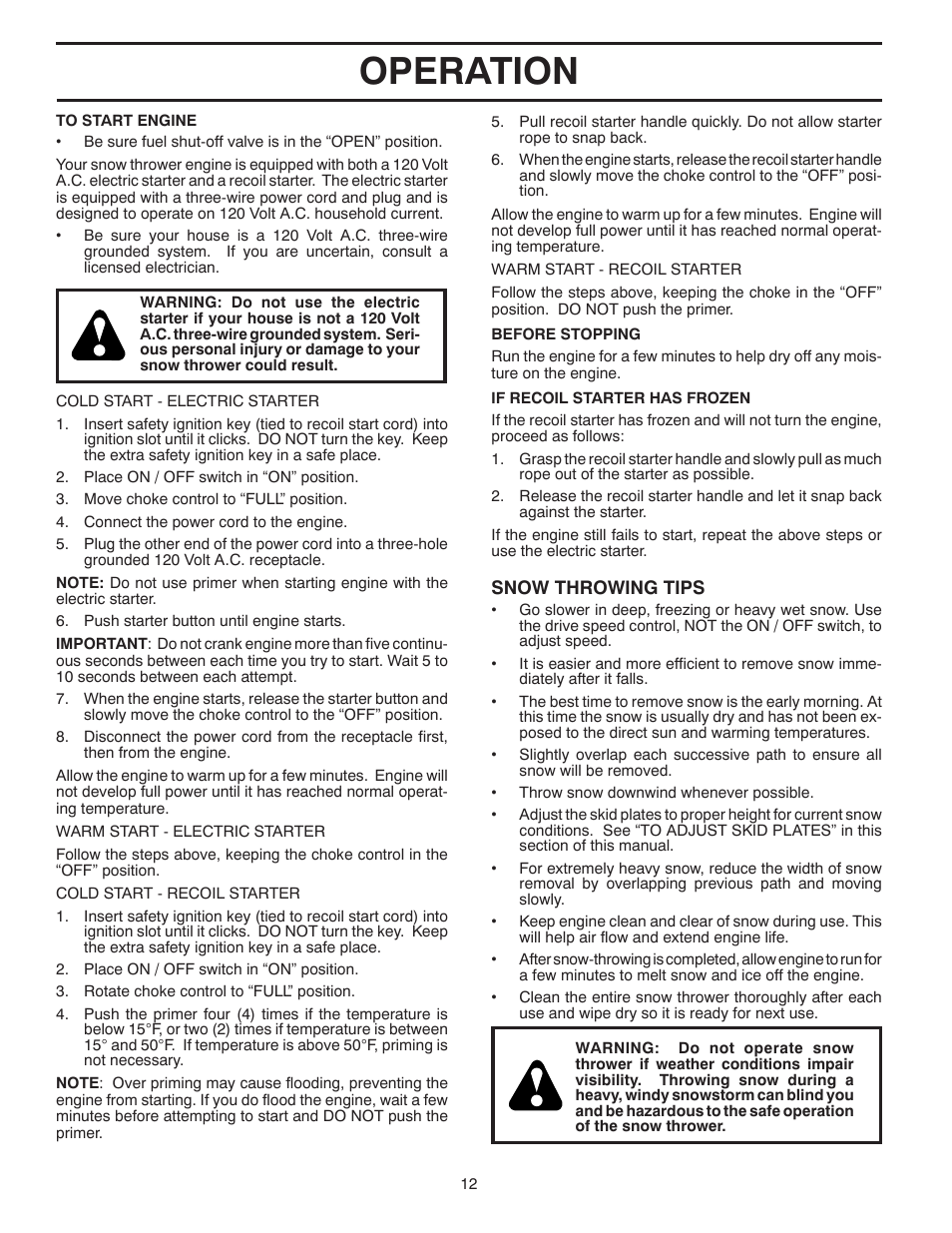 Operation | Poulan Pro 961980056 SNOW THROWER User Manual | Page 12 / 44