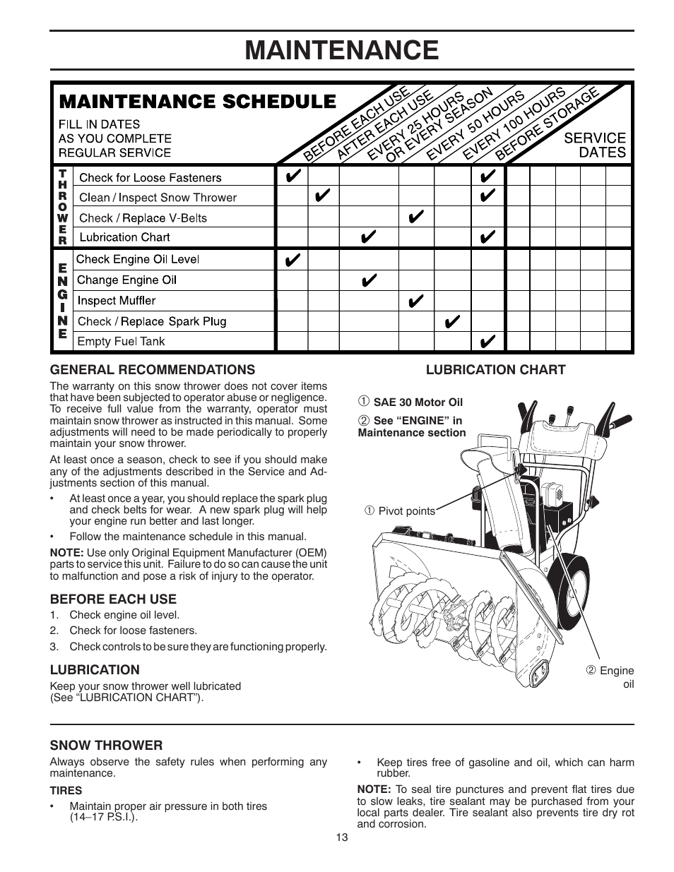 Maintenance | Poulan Pro 961980056 SNOW THROWER User Manual | Page 13 / 44