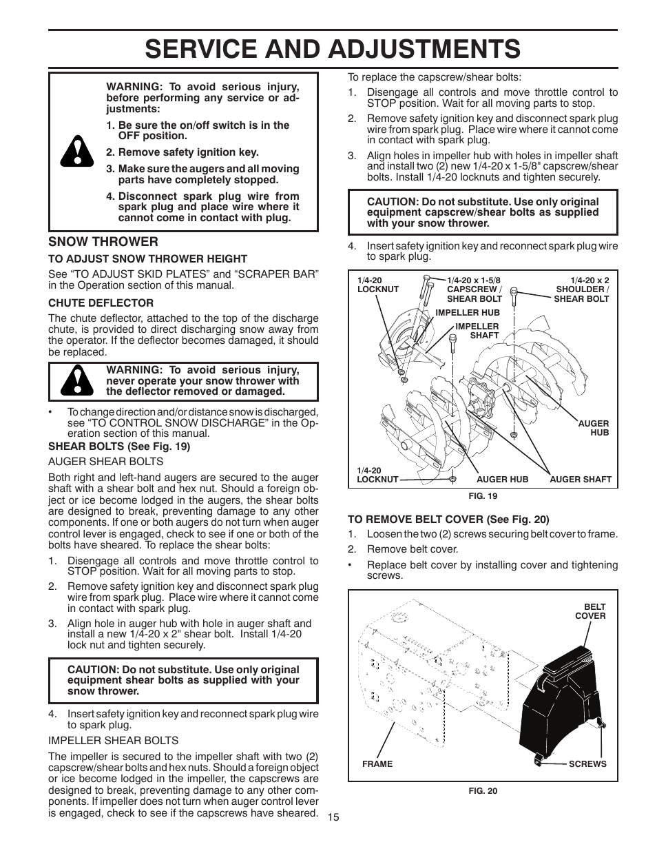 Service and adjustments, Snow thrower | Poulan Pro 961980056 SNOW THROWER User Manual | Page 15 / 44