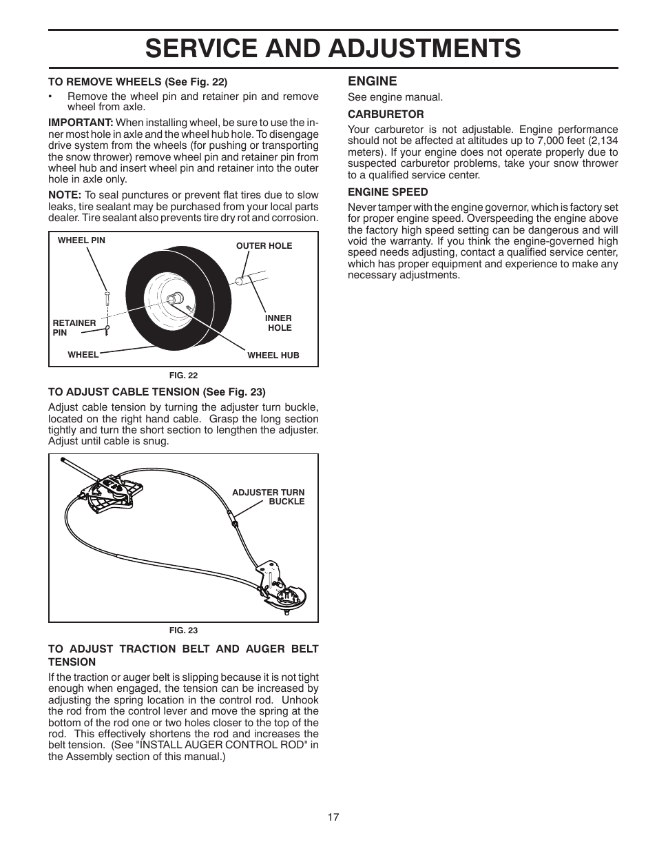 Service and adjustments | Poulan Pro 961980056 SNOW THROWER User Manual | Page 17 / 44