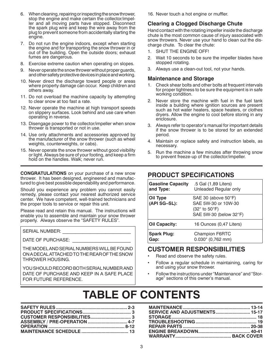 Poulan Pro 961980056 SNOW THROWER User Manual | Page 3 / 44