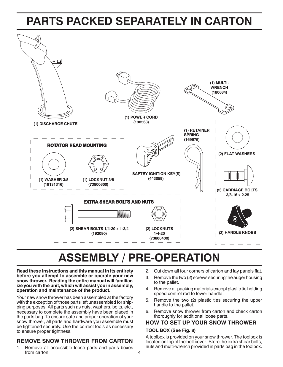 Parts packed separately in carton, Assembly / pre-operation | Poulan Pro 961980056 SNOW THROWER User Manual | Page 4 / 44