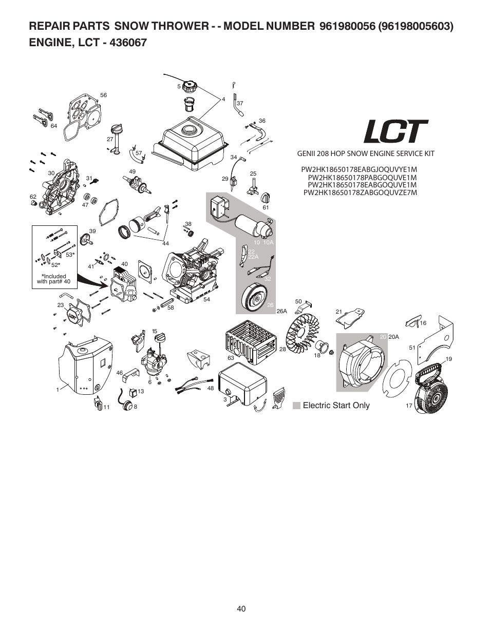 Electric start only | Poulan Pro 961980056 SNOW THROWER User Manual | Page 40 / 44