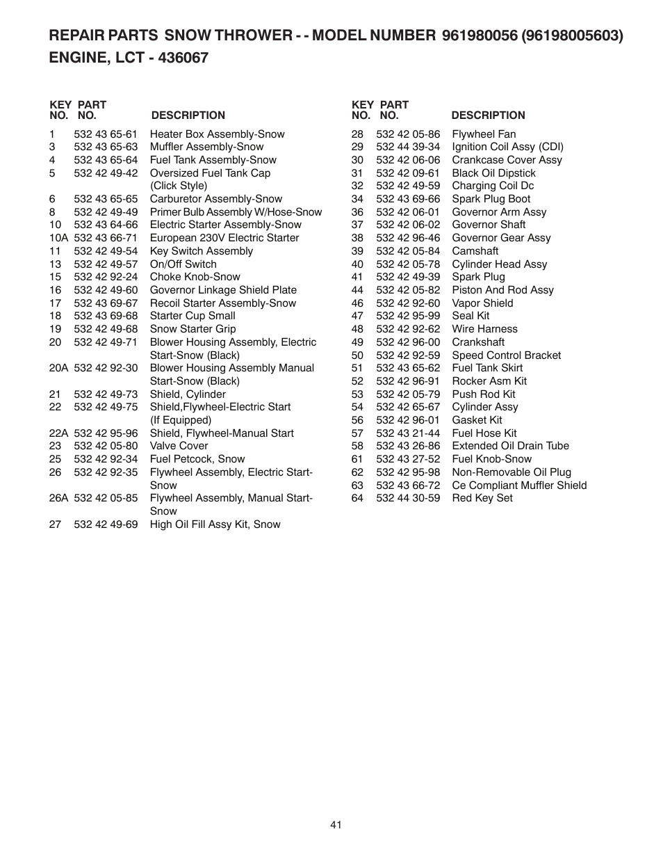 Poulan Pro 961980056 SNOW THROWER User Manual | Page 41 / 44