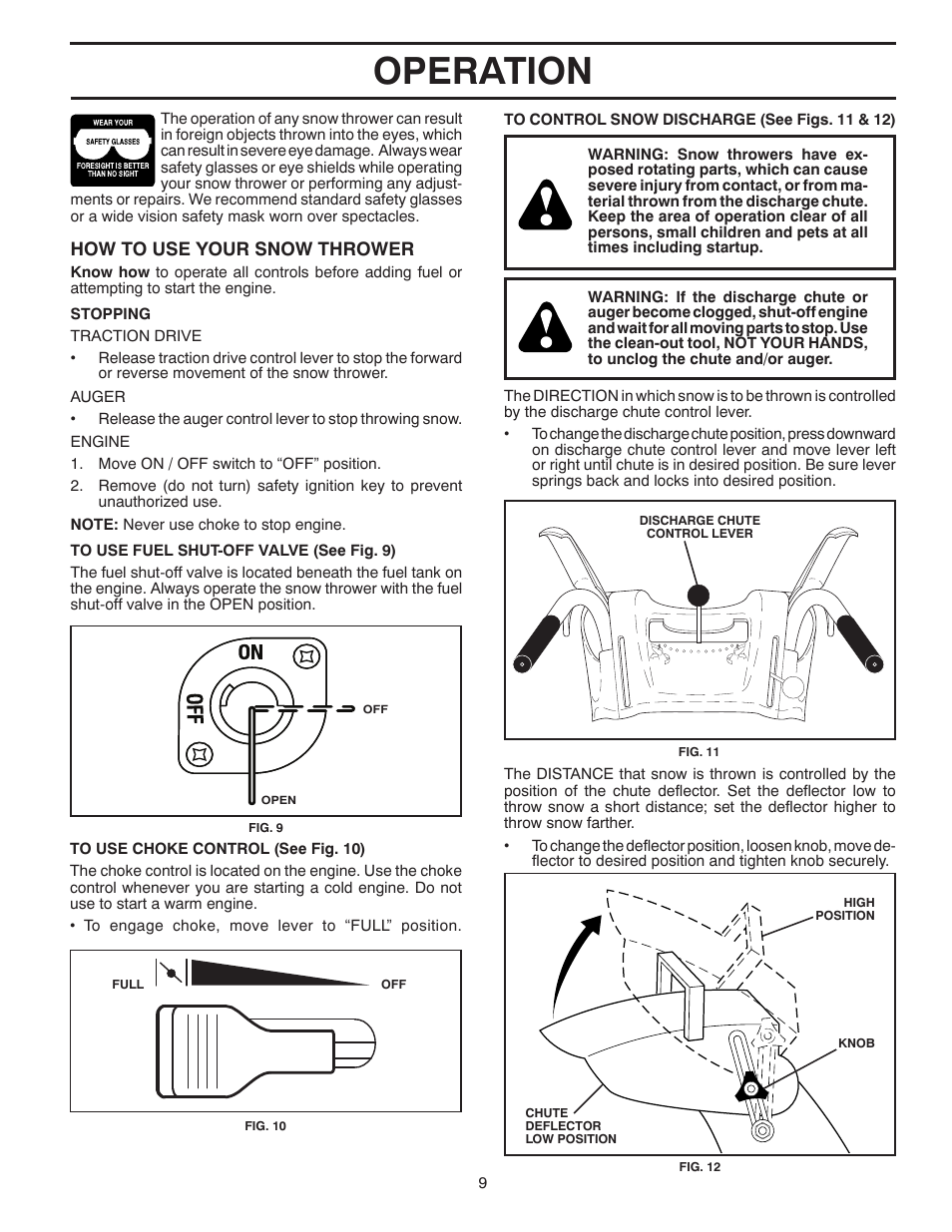 Operation | Poulan Pro 961980056 SNOW THROWER User Manual | Page 9 / 44