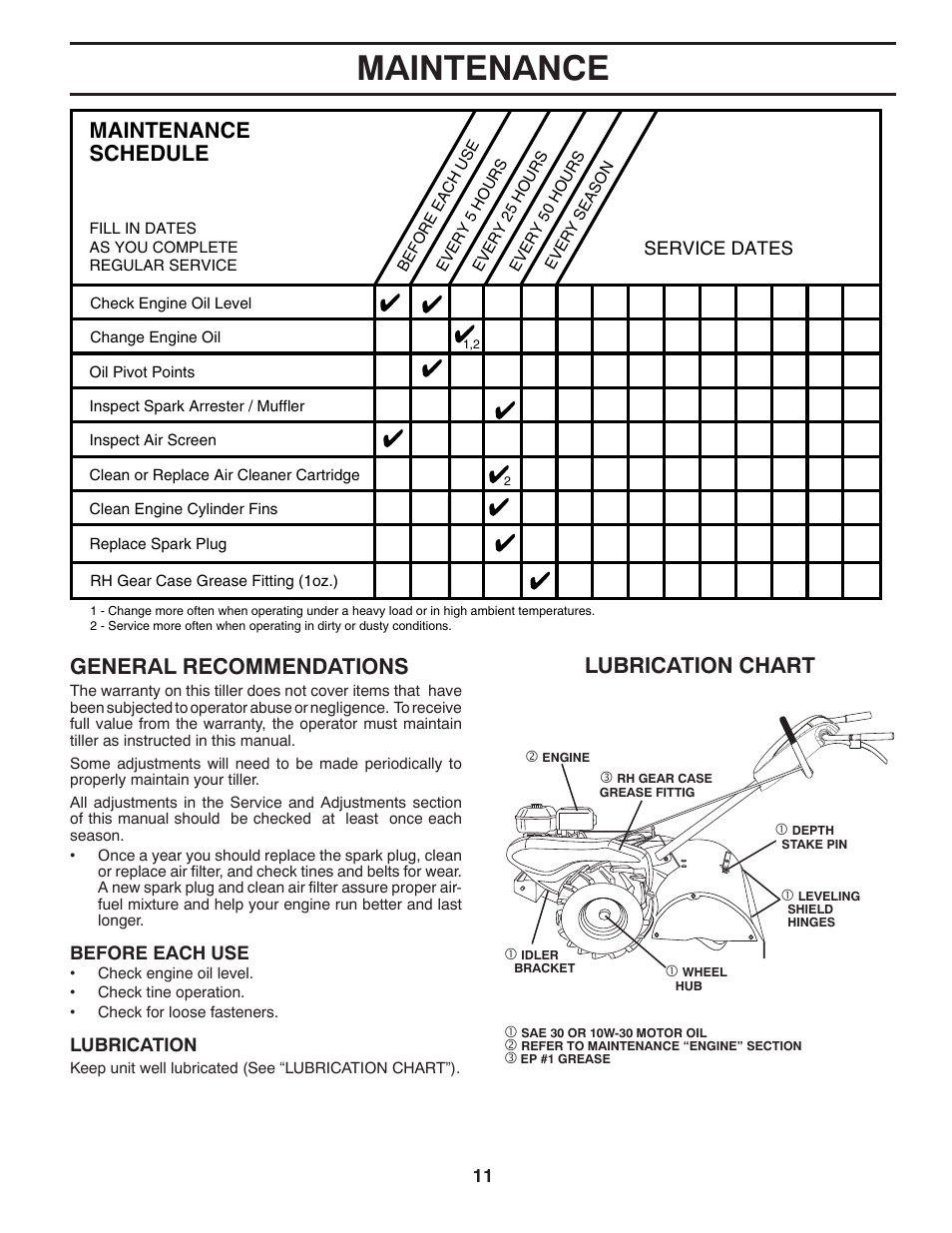 Maintenance, General recommendations, Lubrication chart | Maintenance schedule | Poulan Pro RT900 REAR TINE TILLER User Manual | Page 11 / 20