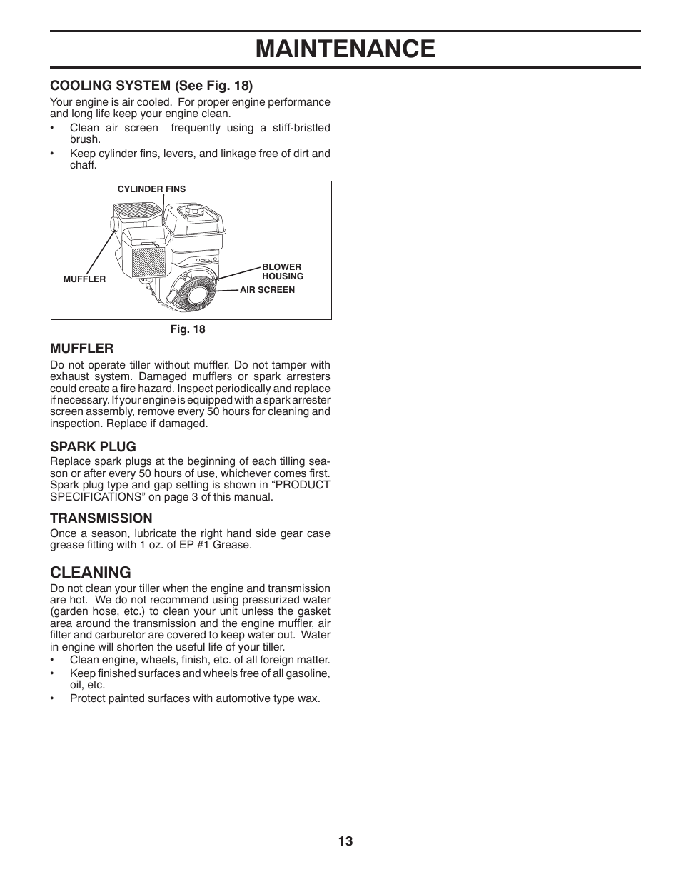 Maintenance, Cleaning, 13 cooling system (see fig. 18) | Muffler, Spark plug, Transmission | Poulan Pro RT900 REAR TINE TILLER User Manual | Page 13 / 20