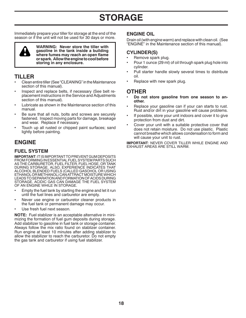 Storage, Tiller, Engine | Other | Poulan Pro RT900 REAR TINE TILLER User Manual | Page 18 / 20