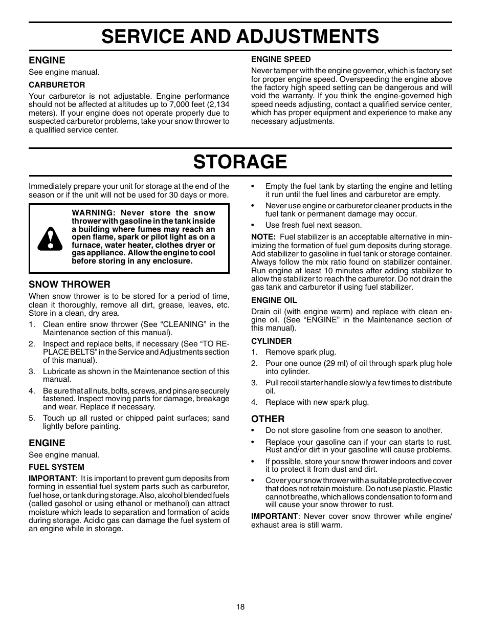 Service and adjustments storage | Poulan Pro PP10530ES SNOW THROWER User Manual | Page 18 / 20