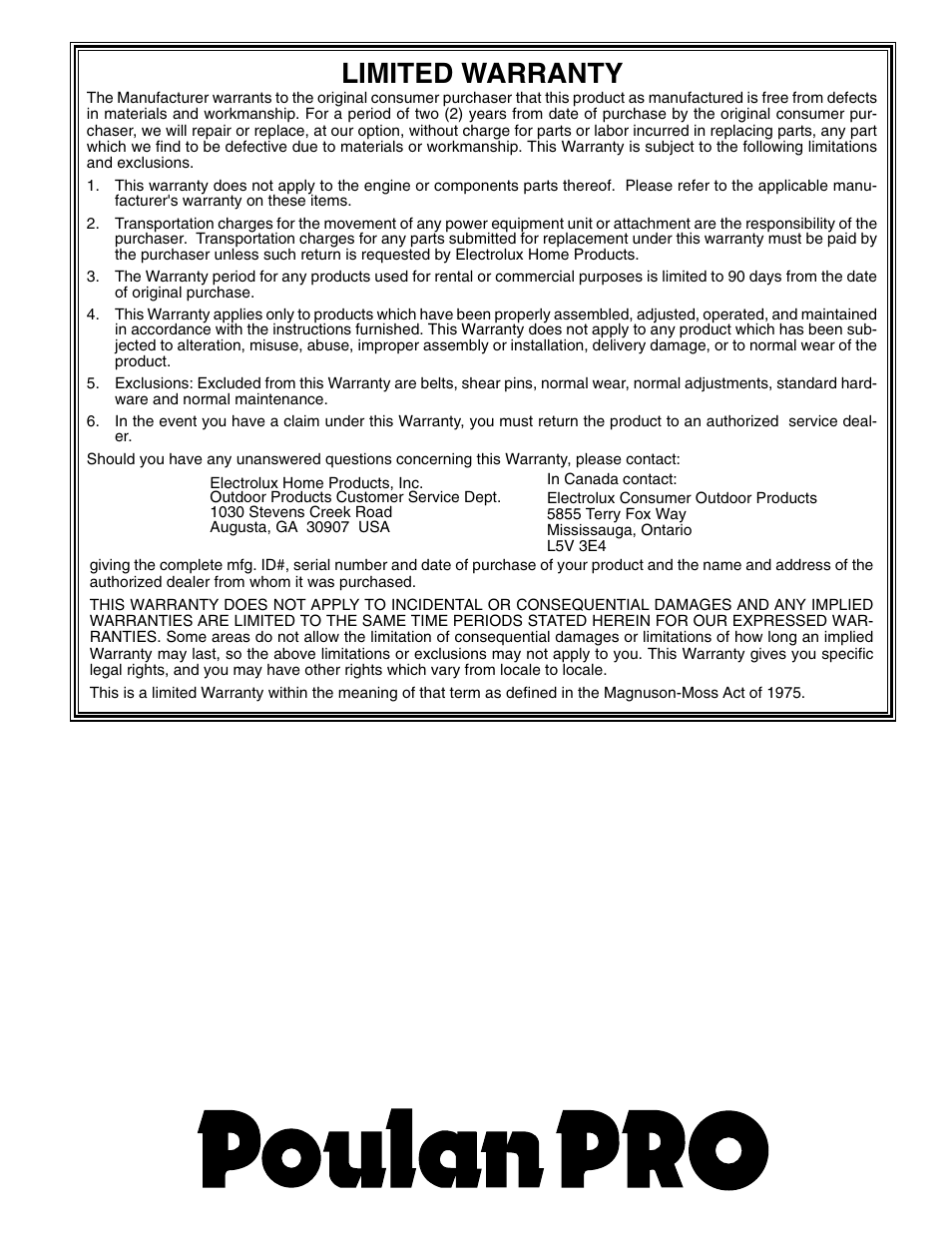 Limited warranty | Poulan Pro PP10530ES SNOW THROWER User Manual | Page 20 / 20